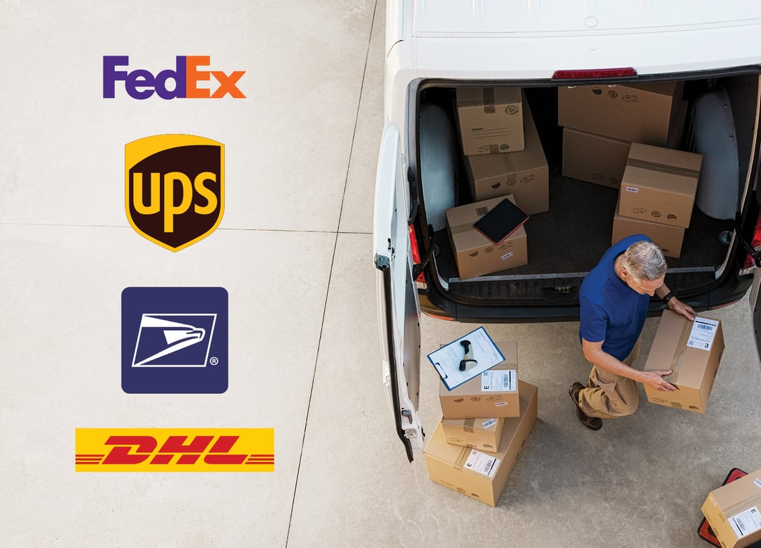 parcel carrier logos, transit van filled with small parcel packages