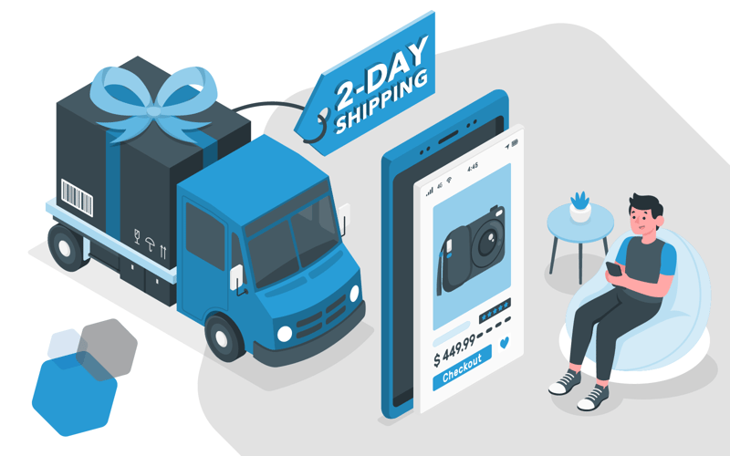 delivery truck hauling a large gift with 2-day shipping tag, man shopping on phone app